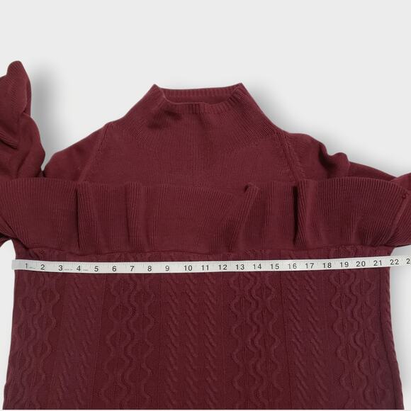 Project Naadam Cable Knit Ruffled Draped Turtleneck Sweater Burgundy Sz Medium - Picture 8 of 11